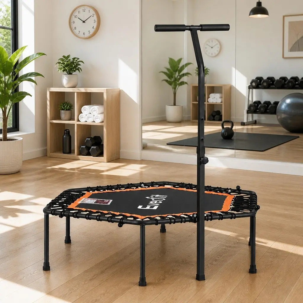 51 Inch Hexagon Fitness Trampoline Rebounder Adjustable Handrail Home Gym