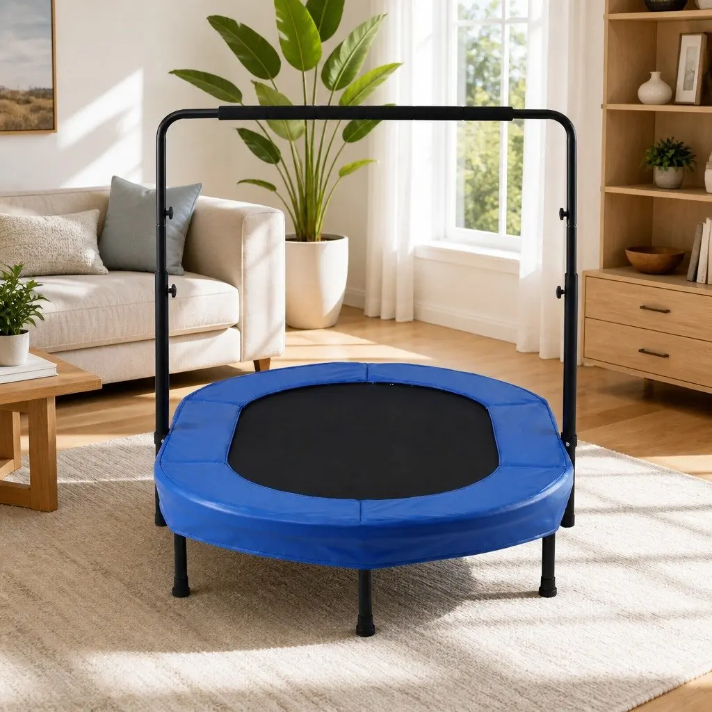 56 Inch Blue Foldable Fitness Trampoline Indoor Rebounder Adjustable Handrail