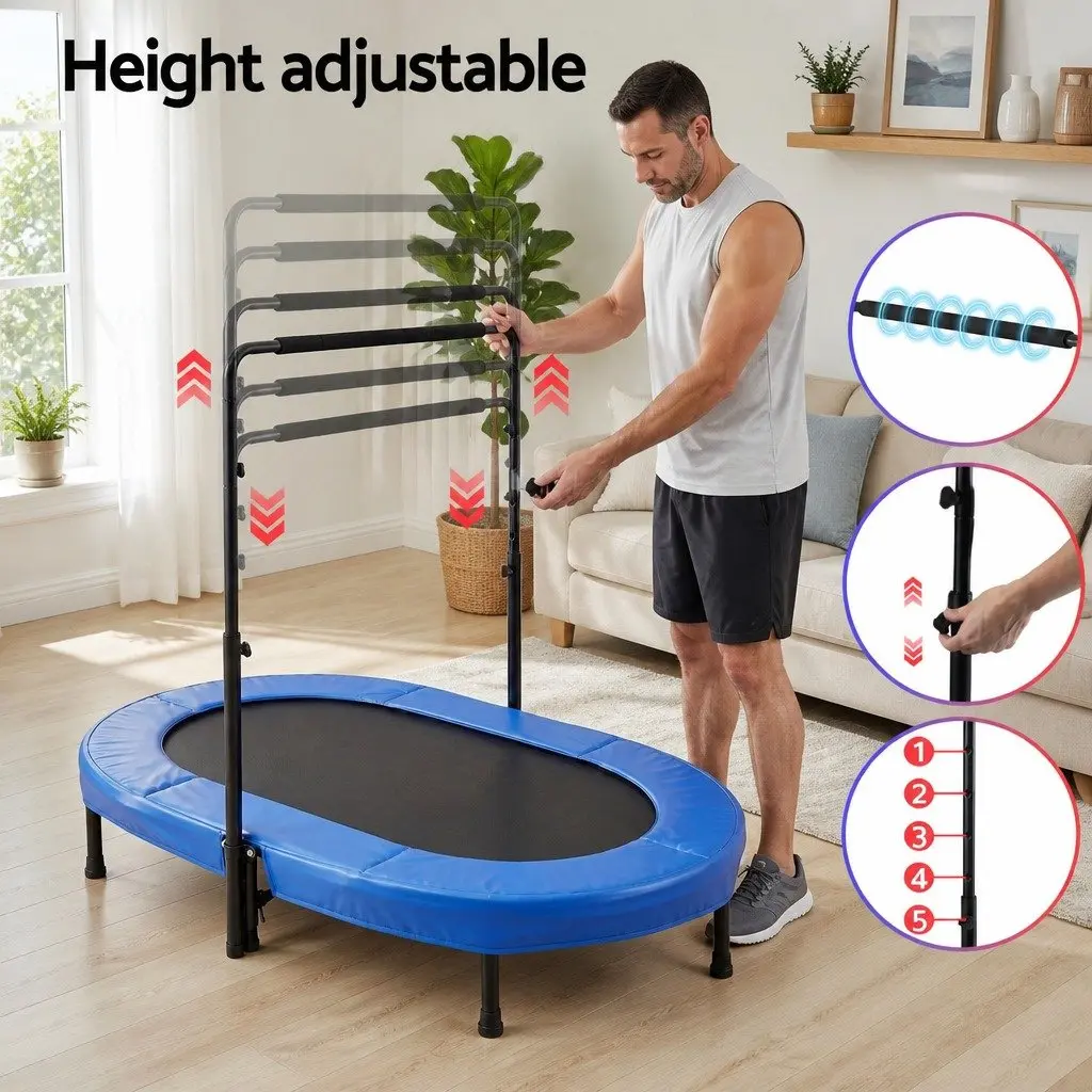 56 Inch Blue Foldable Fitness Trampoline Indoor Rebounder Adjustable Handrail
