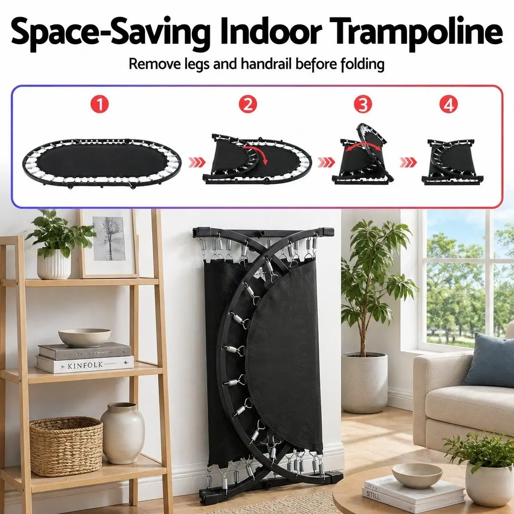 56 Inch Blue Foldable Fitness Trampoline Indoor Rebounder Adjustable Handrail