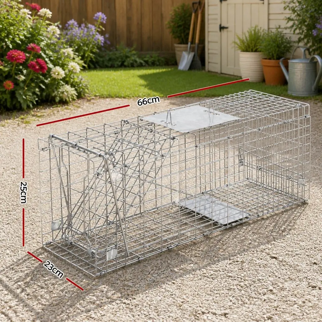 Large Animal Trap Cage Silver 66x23cm Collapsible Spring Loaded Door