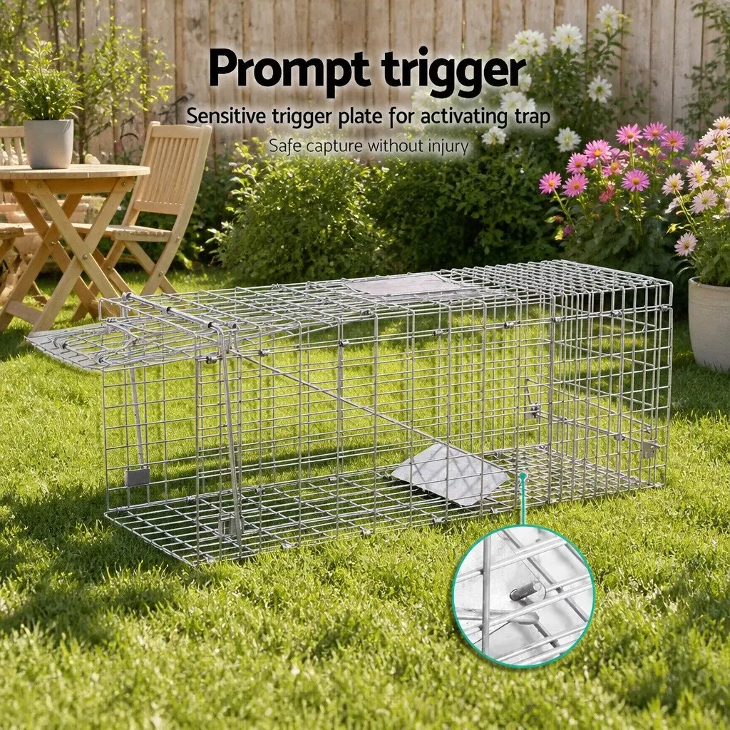 Animal Trap Cage Silver 94x34cm Humane Collapsible Spring Loaded