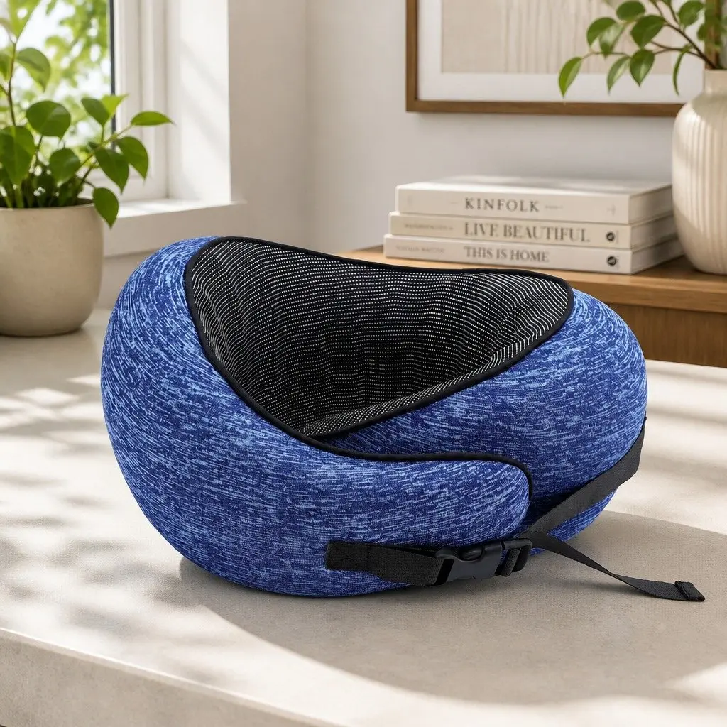 Travel Neck Pillow Ergonomic Memory Foam Support Airplane Car Office Home Blue