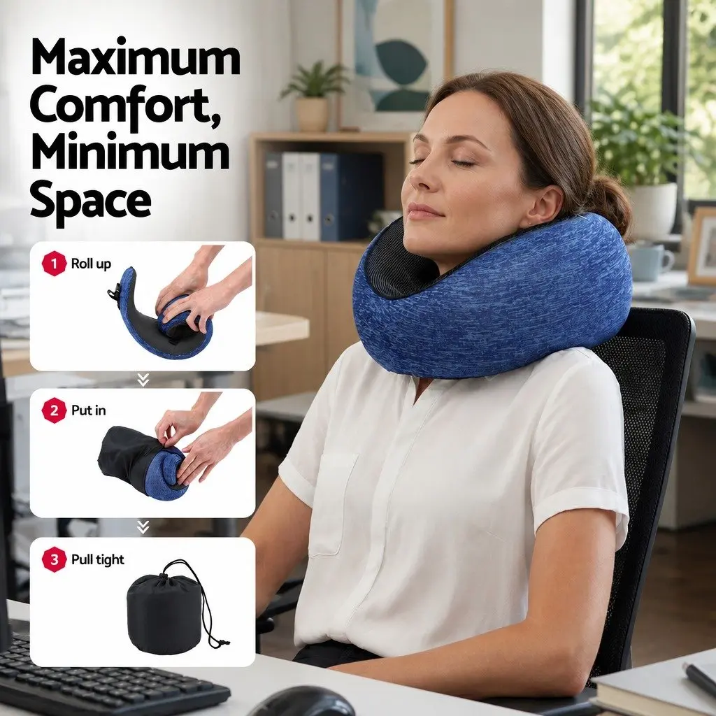 Travel Neck Pillow Ergonomic Memory Foam Support Airplane Car Office Home Blue