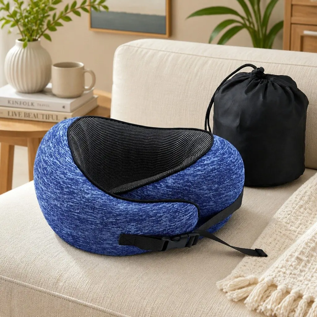 Travel Neck Pillow Ergonomic Memory Foam Support Airplane Car Office Home Blue