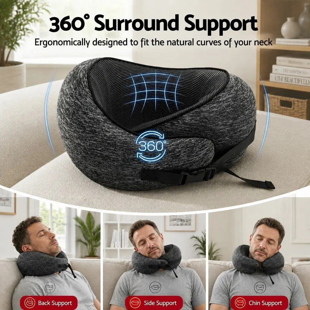 Travel Neck Pillow Grey Memory Foam Ergonomic Support for Airplane Car Train Office