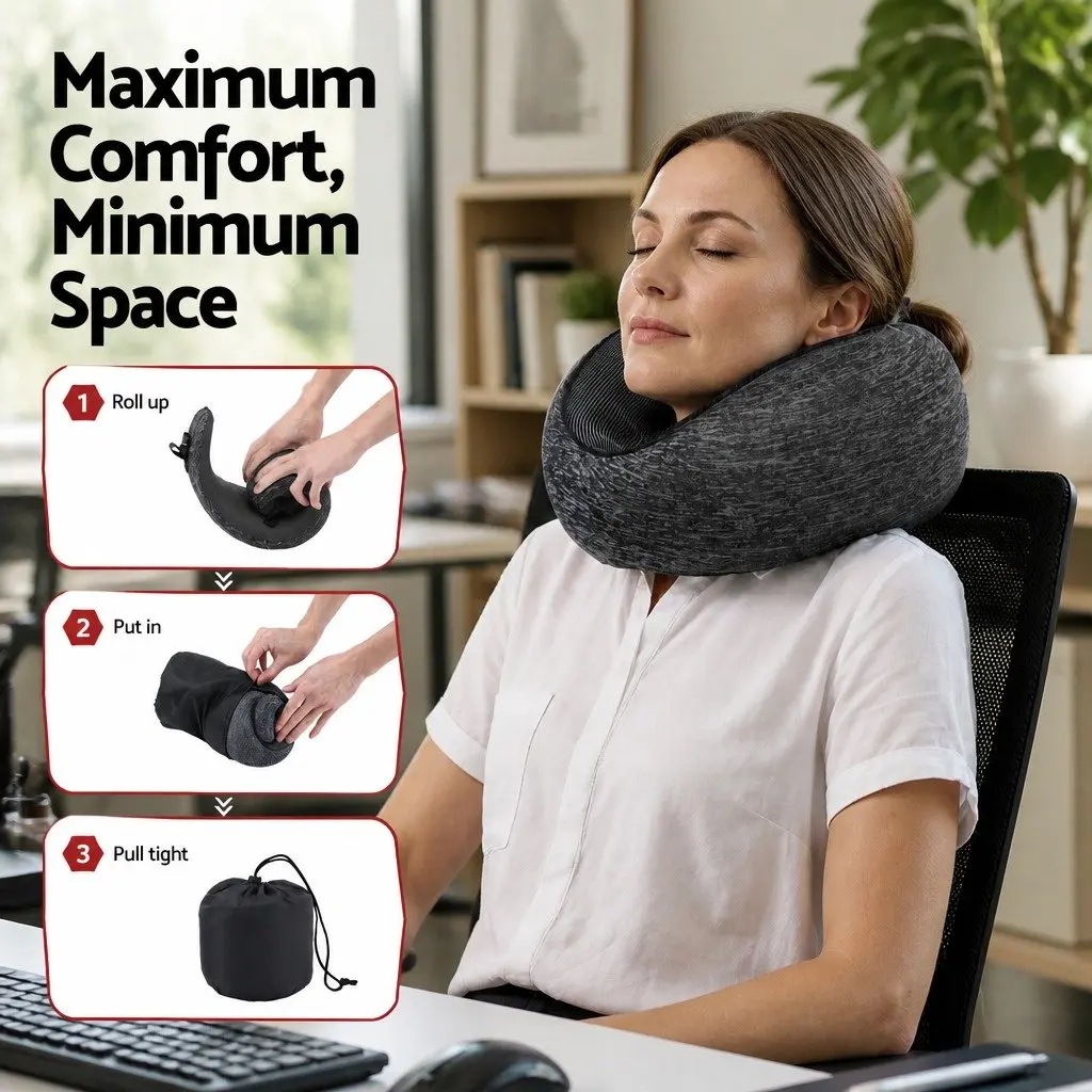 Travel Neck Pillow Grey Memory Foam Ergonomic Support for Airplane Car Train Office