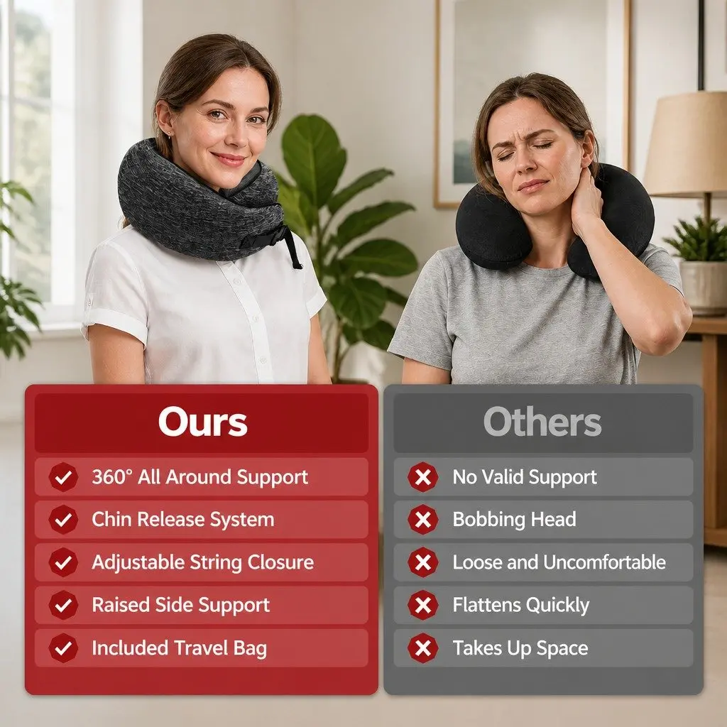 Travel Neck Pillow Grey Memory Foam Ergonomic Support for Airplane Car Train Office