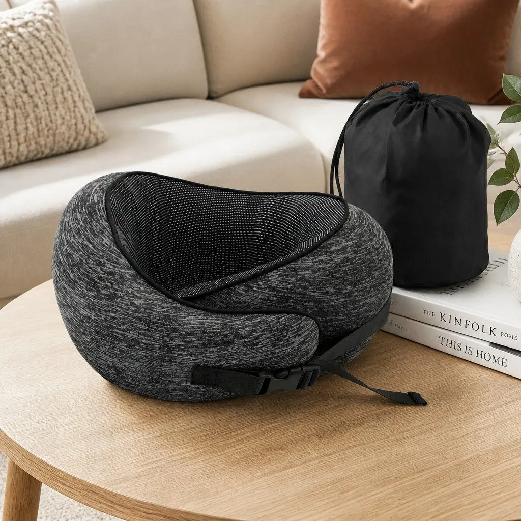 Travel Neck Pillow Grey Memory Foam Ergonomic Support for Airplane Car Train Office