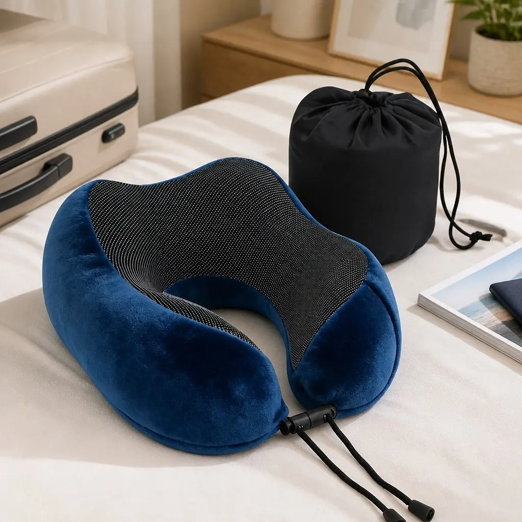 Travel Neck Pillow Memory Foam Blue Portable Airplane Pillow with Storage Bag