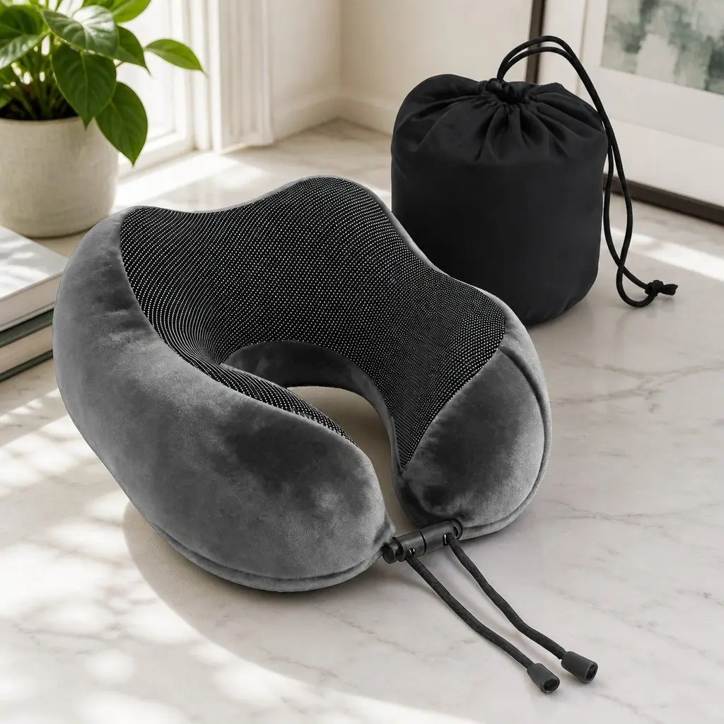 Travel Neck Pillow Memory Foam Grey Portable Airplane Car Office Pillow with