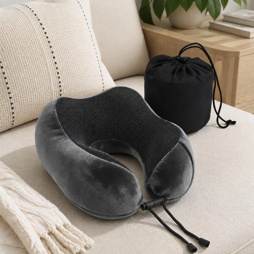 Travel Neck Pillow Memory Foam Grey Portable Airplane Car Office Pillow with