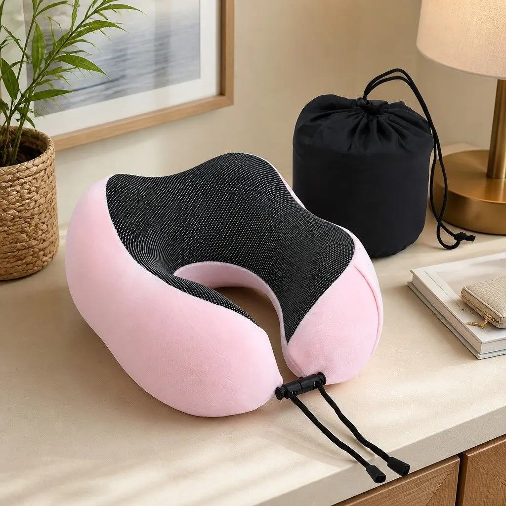 Travel Neck Pillow Memory Foam Portable Airplane Pillow with Storage Bag Pink