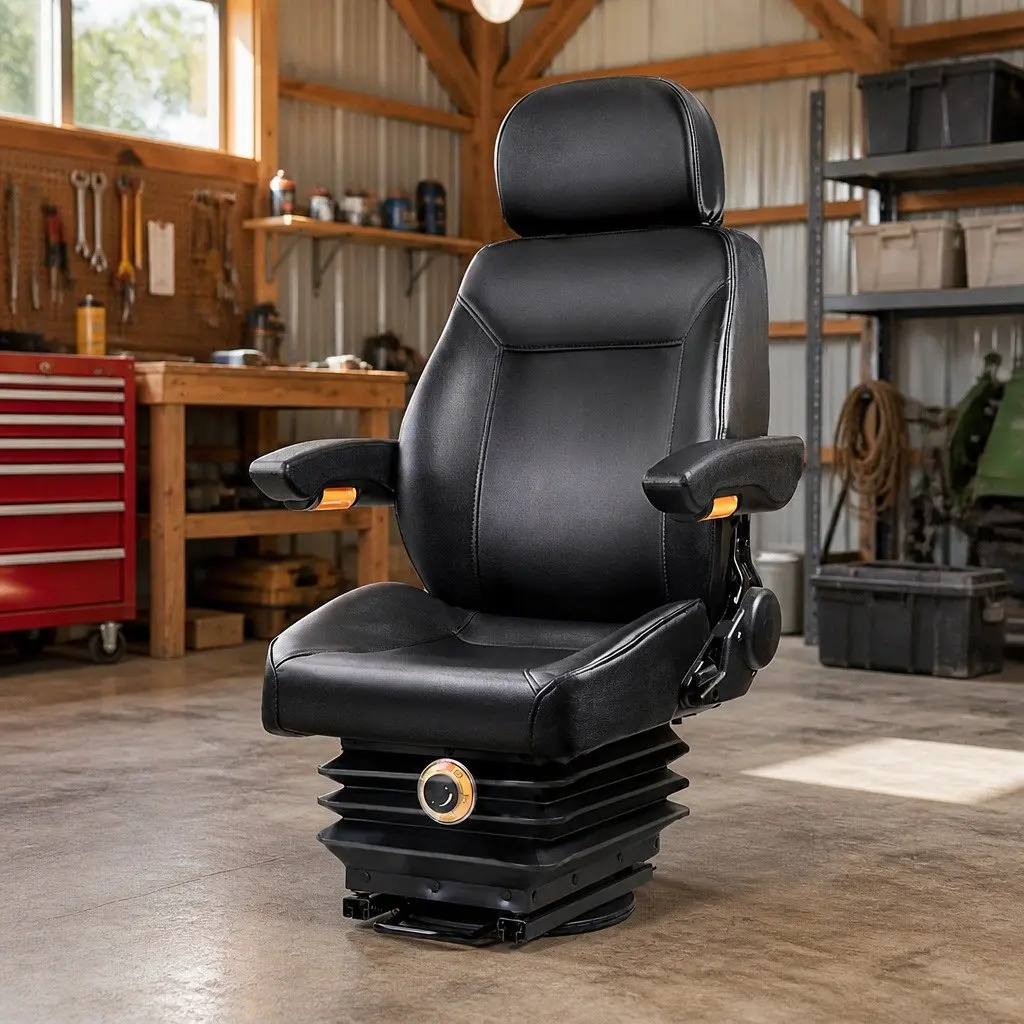 Heavy Duty Tractor Seat Black PU Adjustable Suspension Headrest Backrest Armrest