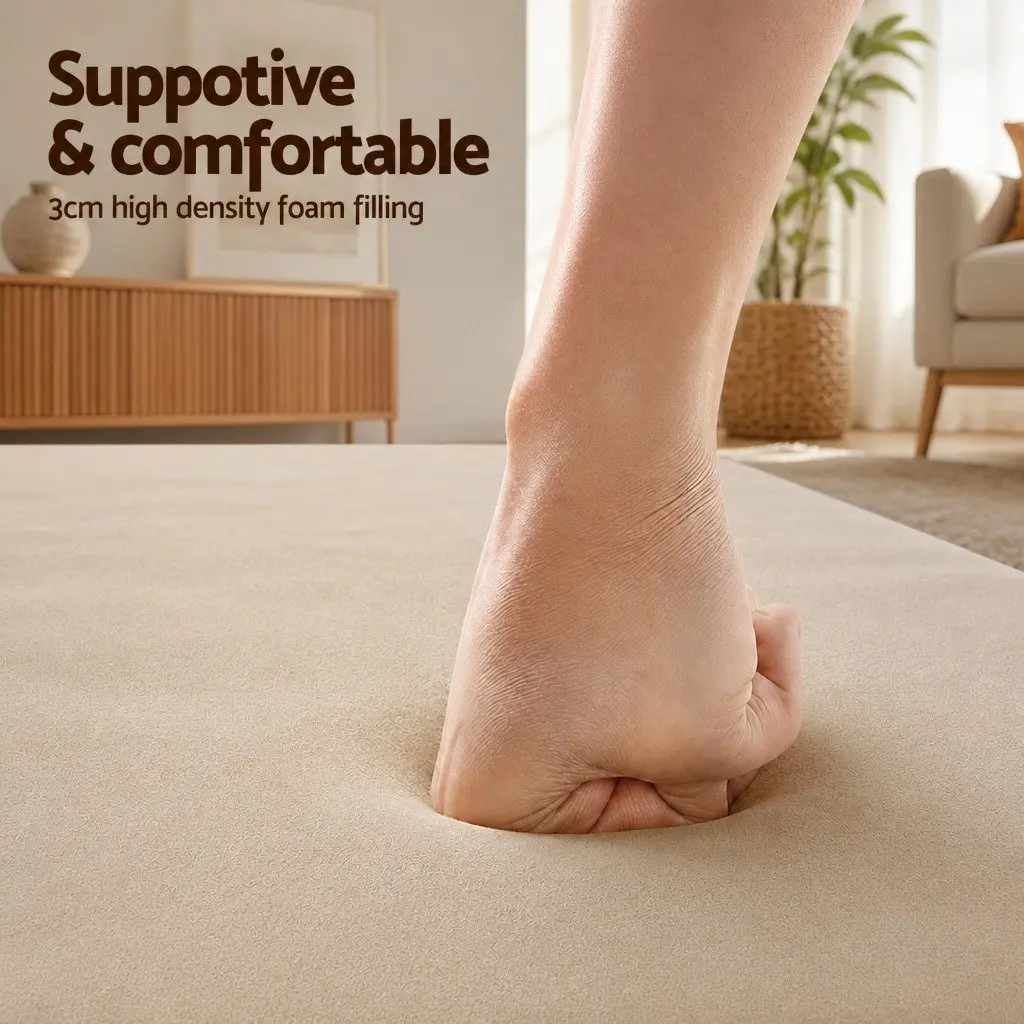 Tatami Mat Floor Mattress Beige 150cm x 200cm 3cm Thick Coral Velvet Foam Filling Anti-slip Backing