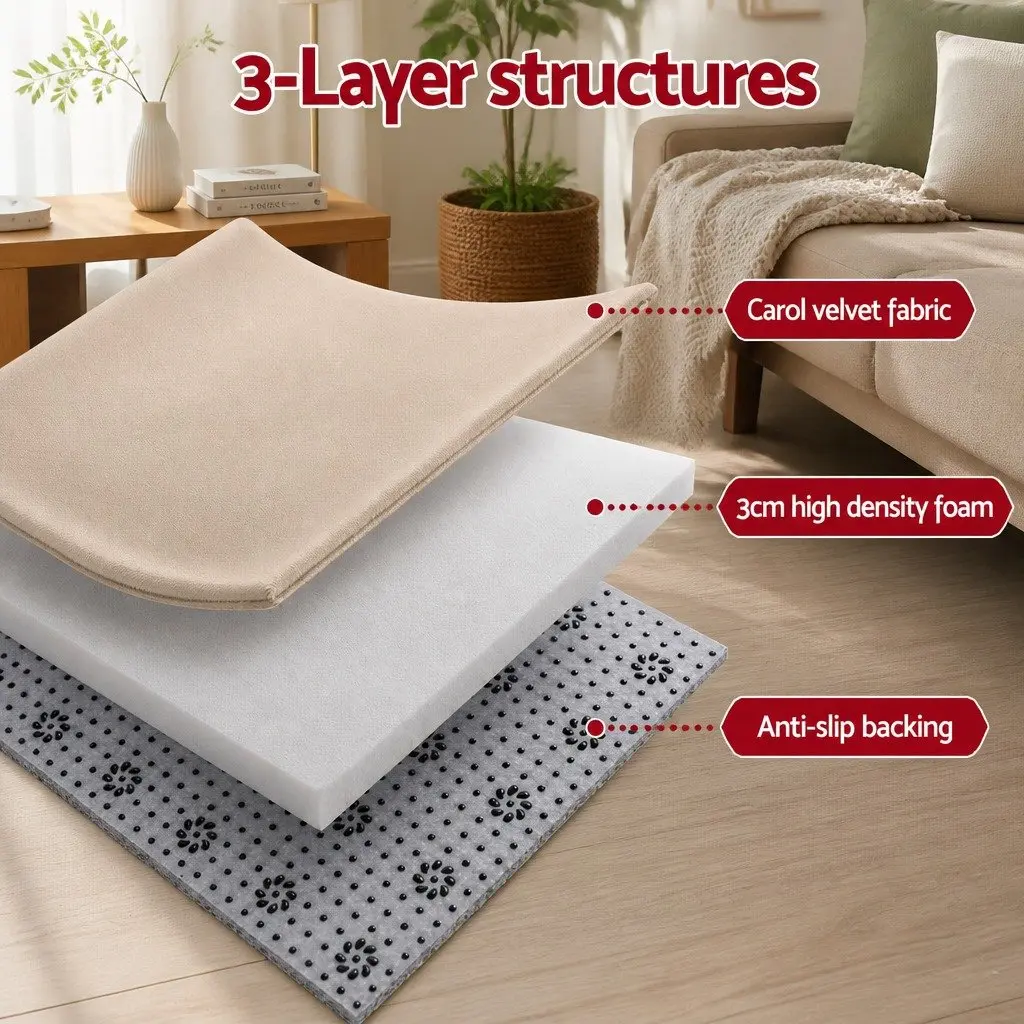 Tatami Mat Floor Mattress Beige 150cm x 200cm 3cm Thick Coral Velvet Foam Filling Anti-slip Backing