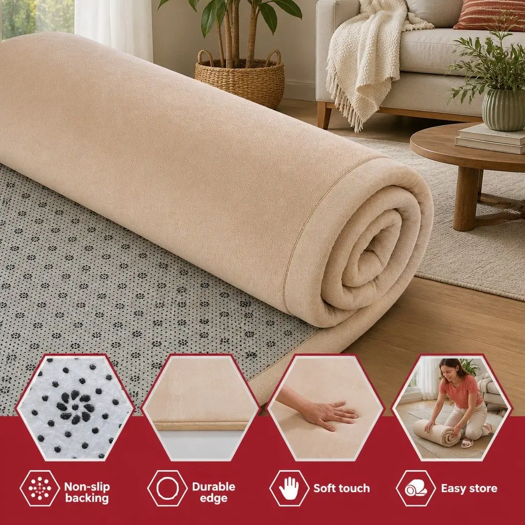 Tatami Mat Floor Mattress Beige 150cm x 200cm 3cm Thick Coral Velvet Foam Filling Anti-slip Backing