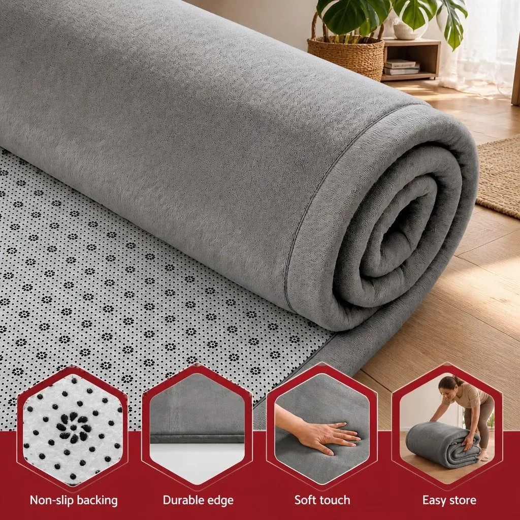 Tatami Mat Floor Mattress Grey 3cm Thick Non-Slip Foam Filling Coral Velvet Fabric