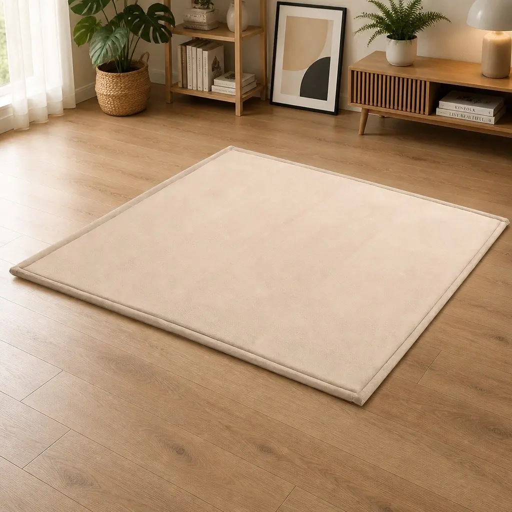 Tatami Mat Floor Mattress Beige 200cm x 200cm 3cm Thick Soft Coral Velvet Foam Filling