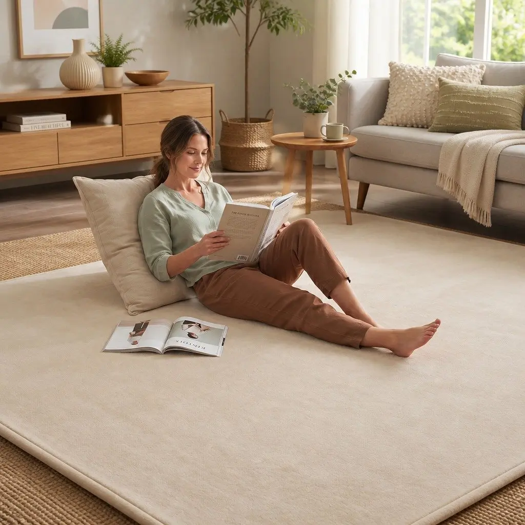 Tatami Mat Floor Mattress Beige 200cm x 200cm 3cm Thick Soft Coral Velvet Foam Filling