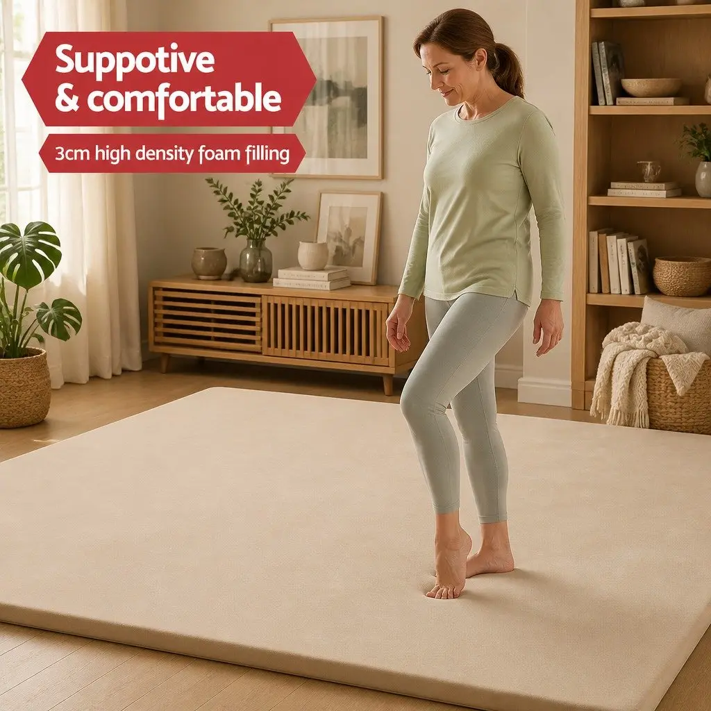 Tatami Mat Floor Mattress Beige 200cm x 200cm 3cm Thick Soft Coral Velvet Foam Filling