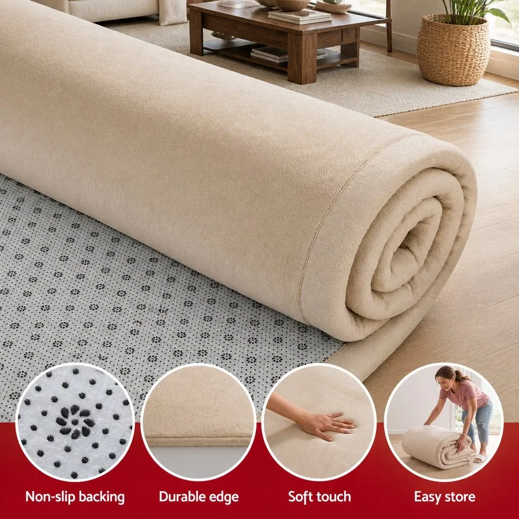 Tatami Mat Floor Mattress Beige 200cm x 200cm 3cm Thick Soft Coral Velvet Foam Filling