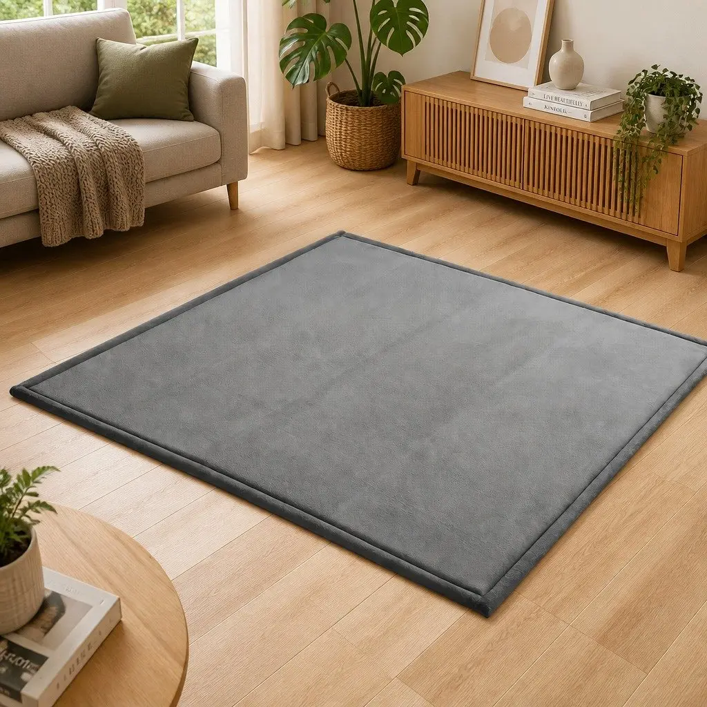 Tatami Floor Mat Grey 200cm x 200cm Coral Velvet Foam Filling Anti-Slip Backing