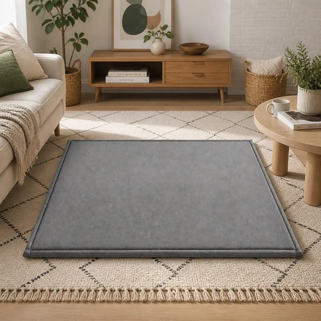 Tatami Floor Mat Grey 200cm x 200cm Coral Velvet Foam Filling Anti-Slip Backing