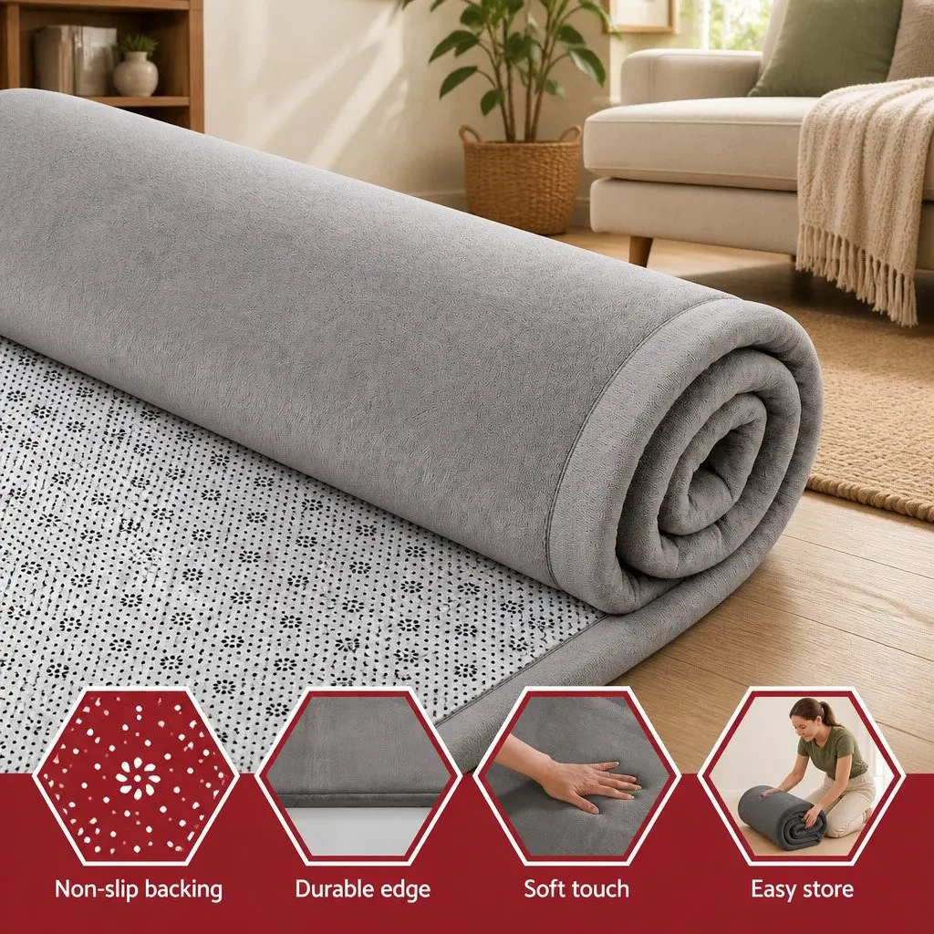 Tatami Floor Mat Grey 200cm x 200cm Coral Velvet Foam Filling Anti-Slip Backing