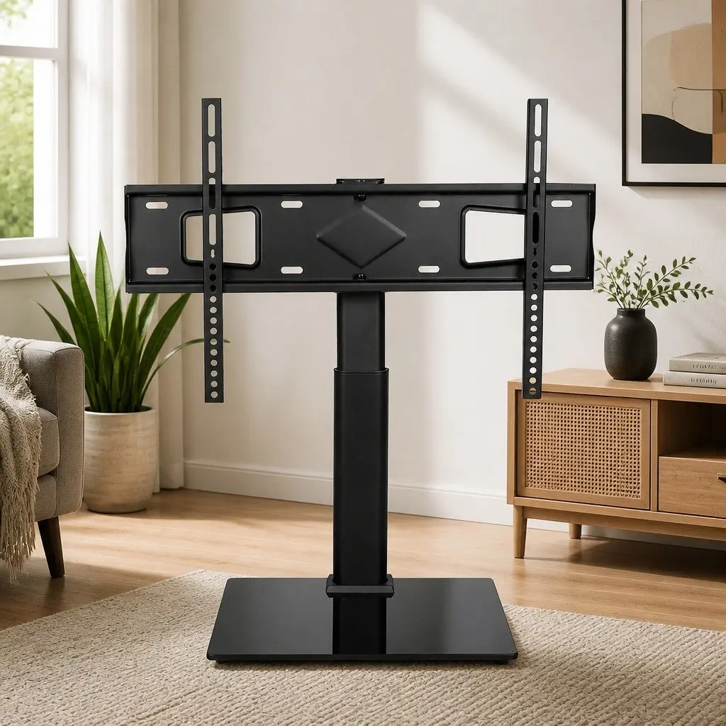 TV Stand Black Adjustable Height Swivel Tilt for 32-75 Inch TVs with Tempered Glass Base