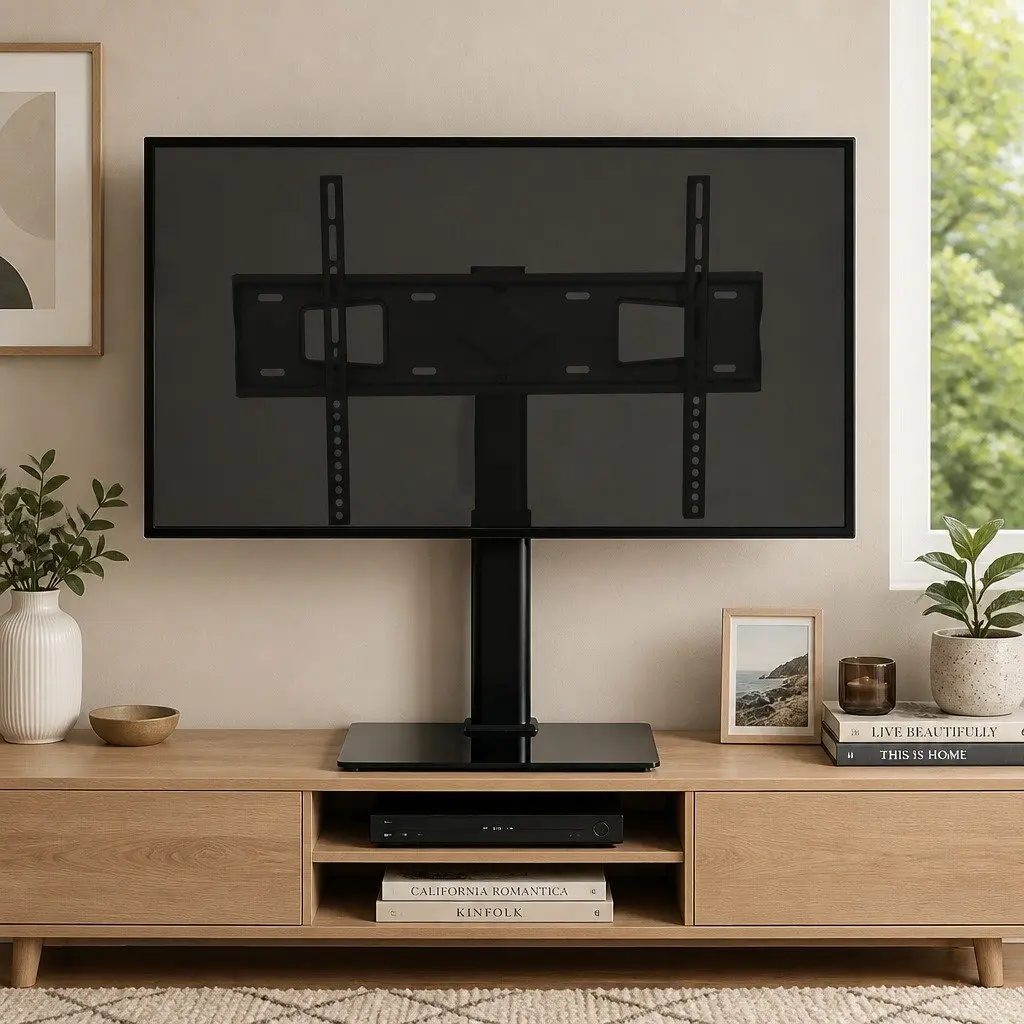 TV Stand Black Adjustable Height Swivel Tilt for 32-75 Inch TVs with Tempered Glass Base