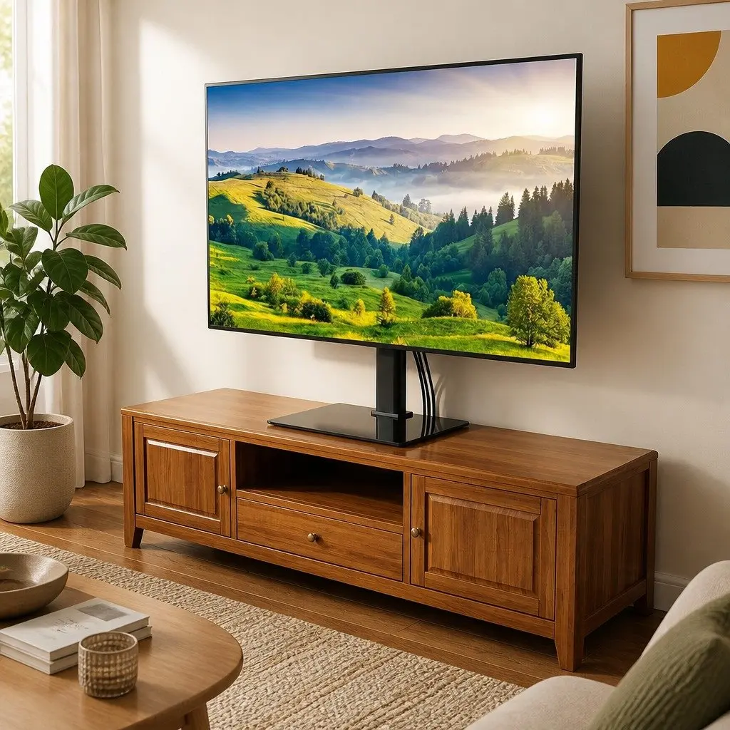 TV Stand Black Adjustable Height Swivel Tilt for 32-75 Inch TVs with Tempered Glass Base