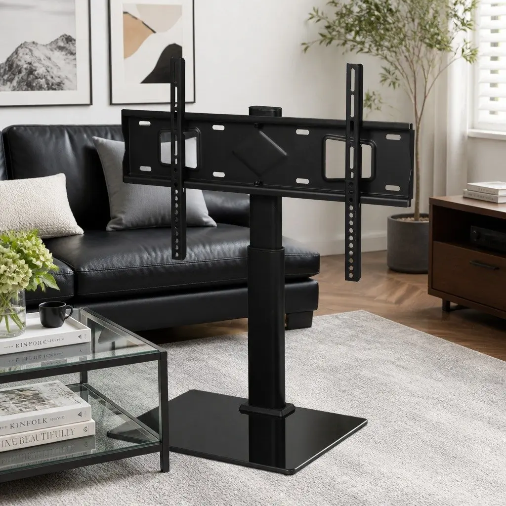 TV Stand Black Adjustable Height Swivel Tilt for 32-75 Inch TVs with Tempered Glass Base