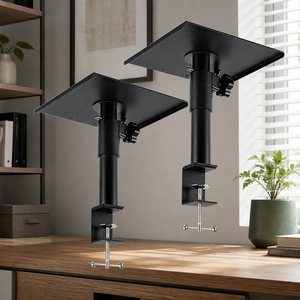Desk Clamp Speaker Stands Black Adjustable Height 23-35cm 360° Rotation for Studio Audio Setup