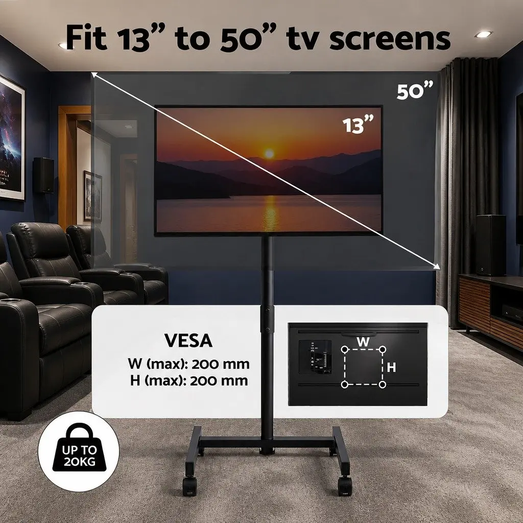 TV Stand Black 13-50 Inch Adjustable Height Tilt Wheels Steel Frame