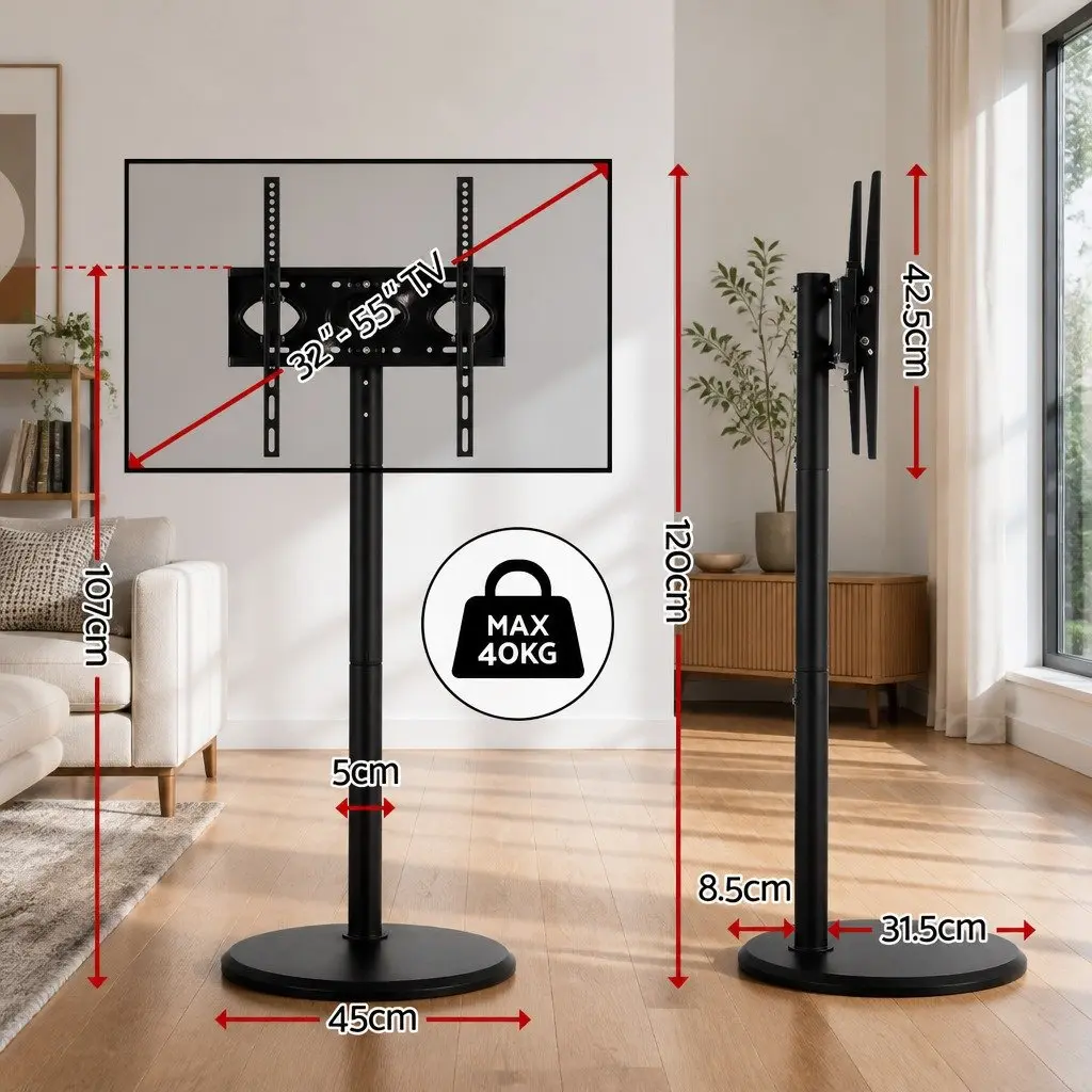 Mobile TV Stand Black 32-55 Inch Adjustable Height Tilt Wheels