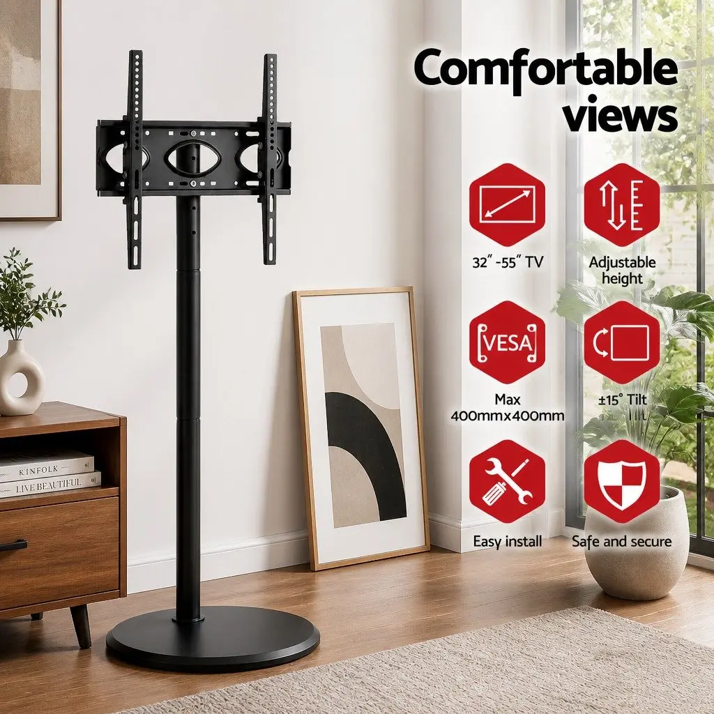Mobile TV Stand Black 32-55 Inch Adjustable Height Tilt Wheels