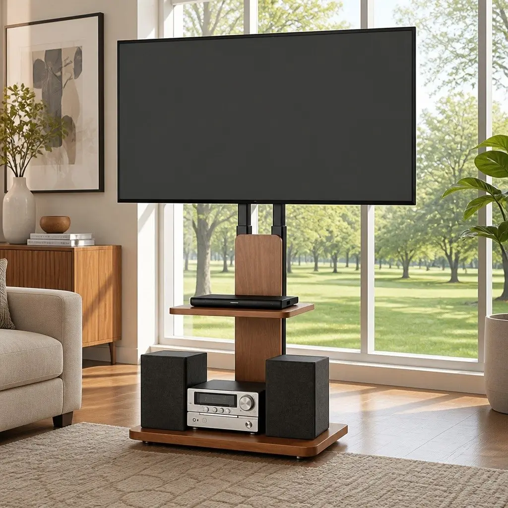 TV Stand Black 32-70 Inch Swivel Height Adjustable Wooden Base