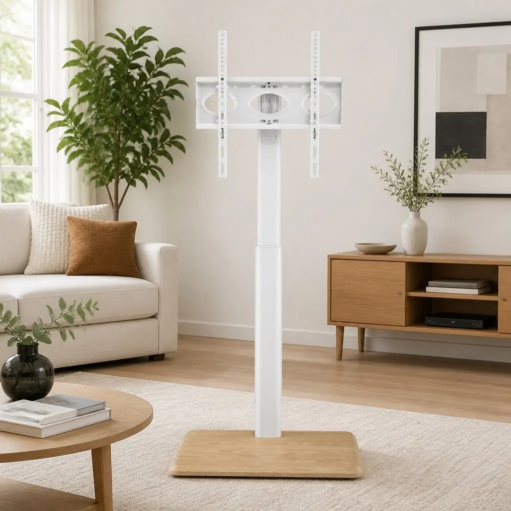 TV Stand White 24-55 Inch Swivel Floor Mount Height Adjustable with Wheels