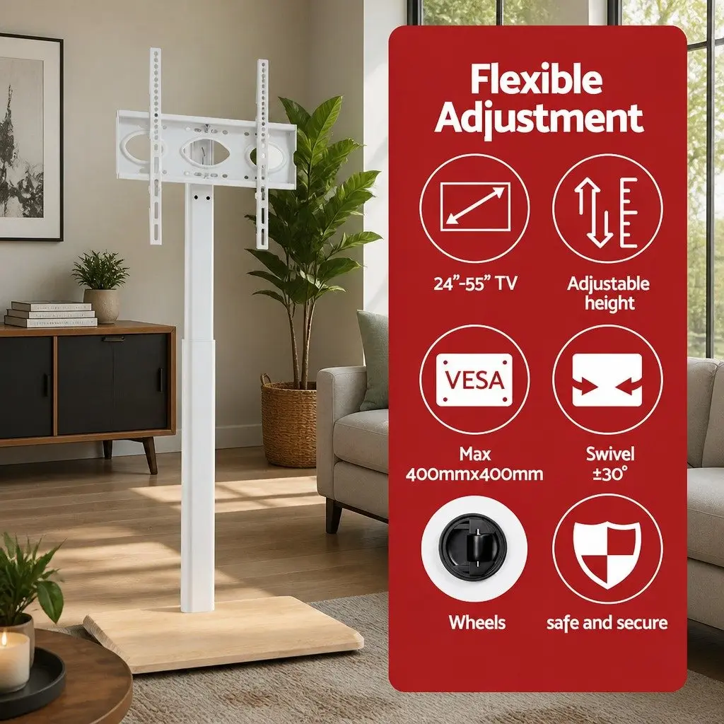 TV Stand White 24-55 Inch Swivel Floor Mount Height Adjustable with Wheels