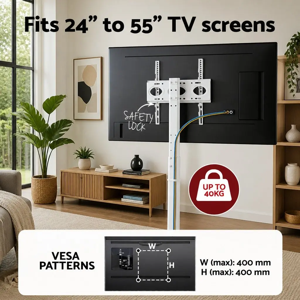 TV Stand White 24-55 Inch Swivel Floor Mount Height Adjustable with Wheels