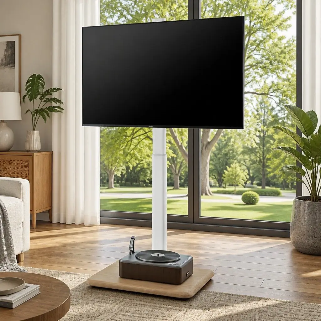 TV Stand White 24-55 Inch Swivel Floor Mount Height Adjustable with Wheels
