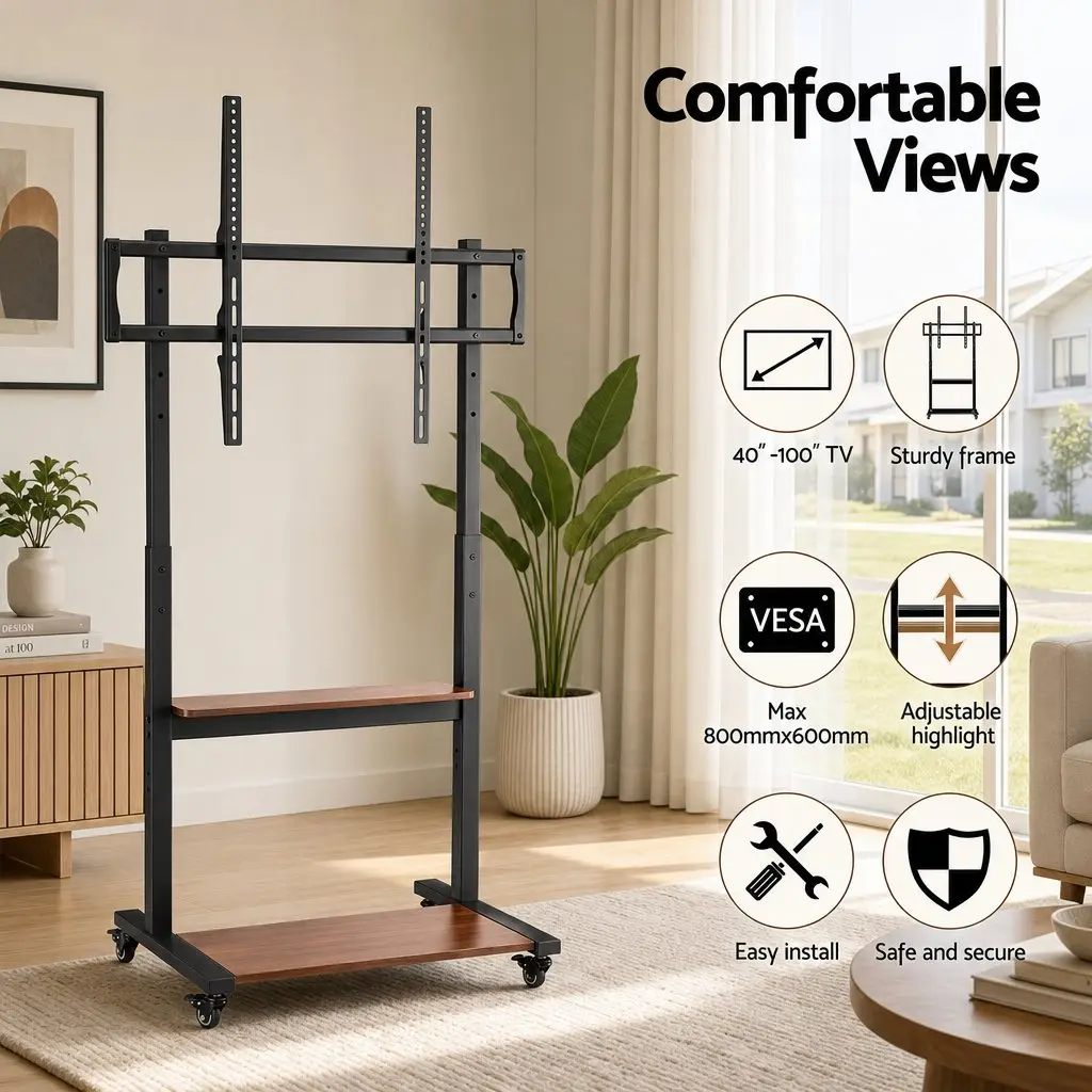 Mobile TV Stand Cart 40-100 Inch Adjustable Height Lockable Wheels Storage
