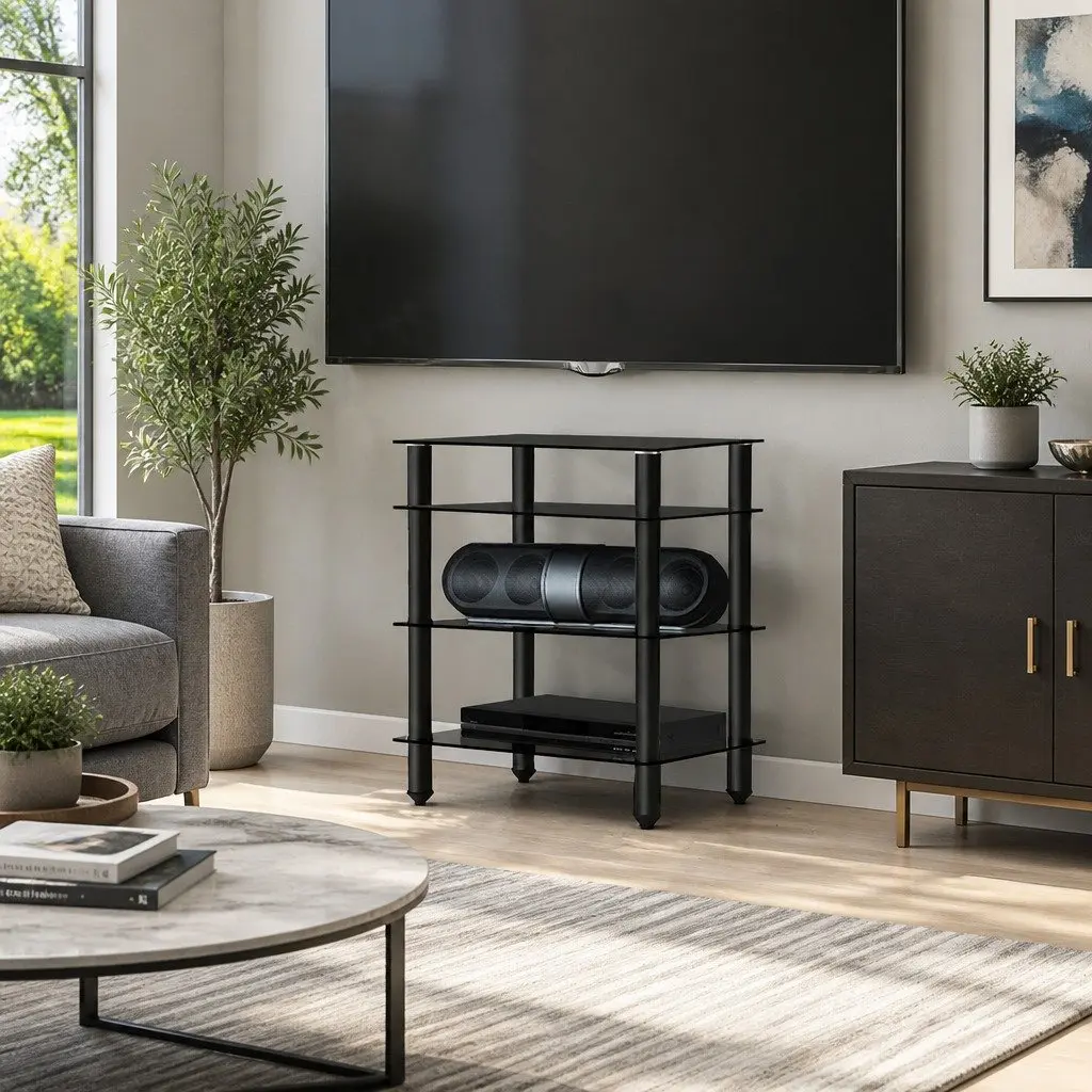TV Stand Black 4 Tier Tempered Glass Shelves Media Storage Entertainment Rack Unit
