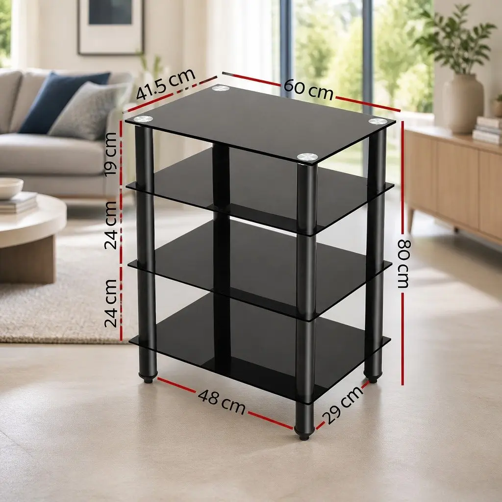 TV Stand Black 4 Tier Tempered Glass Shelves Media Storage Entertainment Rack Unit