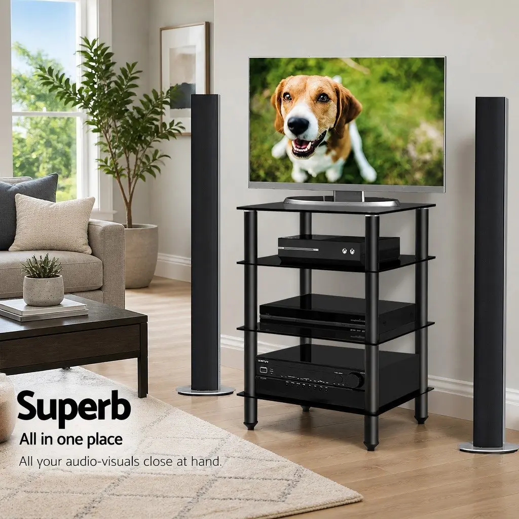 TV Stand Black 4 Tier Tempered Glass Shelves Media Storage Entertainment Rack Unit