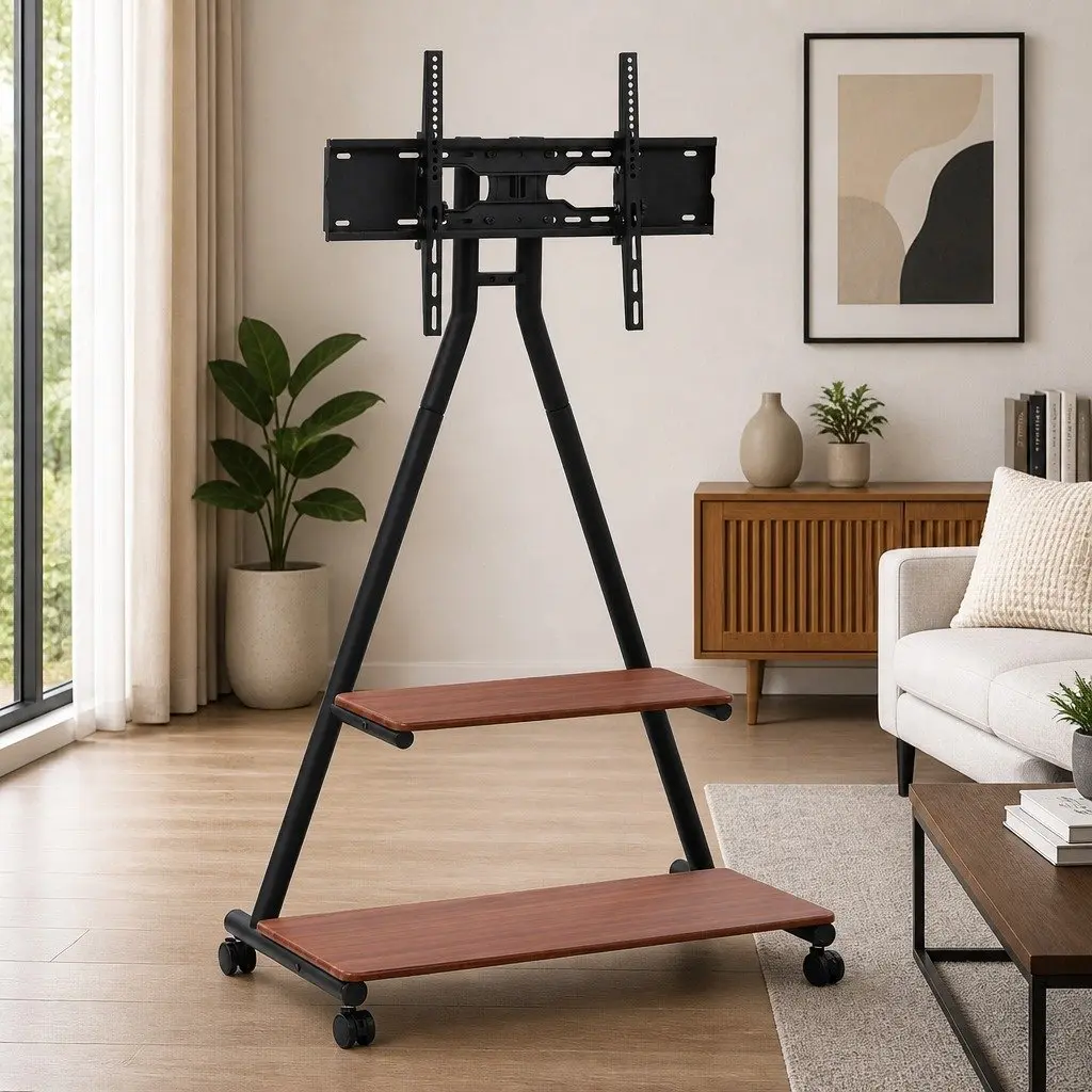 Mobile TV Stand Black 32-75 inch Heavy Duty Steel Frame with Dual-Shelf Storage and Smooth Rolling Caster Wheels