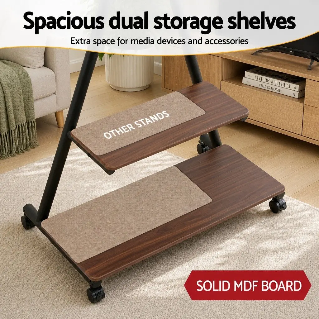 Mobile TV Stand Black 32-75 inch Heavy Duty Steel Frame with Dual-Shelf Storage and Smooth Rolling Caster Wheels