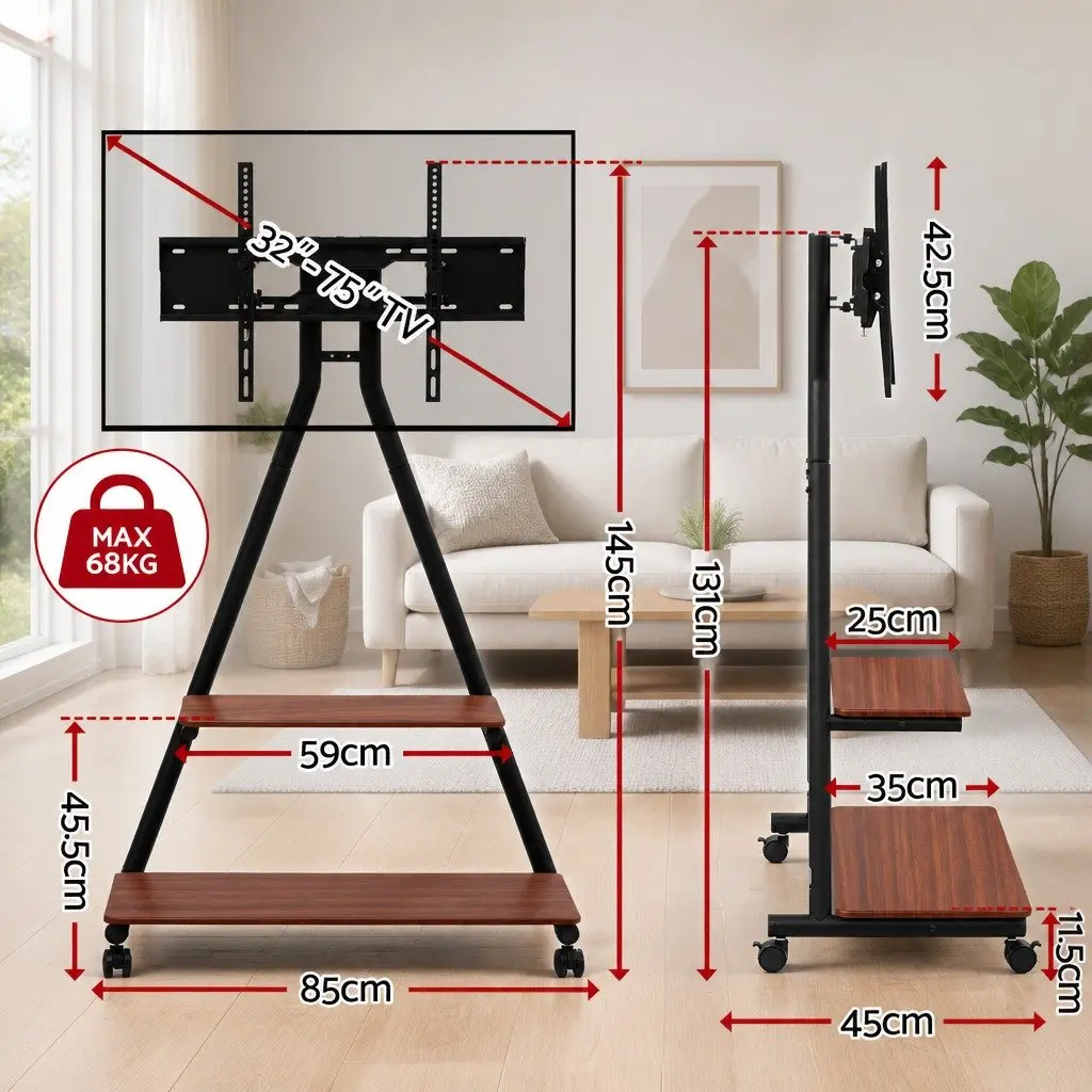 Mobile TV Stand Black 32-75 inch Heavy Duty Steel Frame with Dual-Shelf Storage and Smooth Rolling Caster Wheels