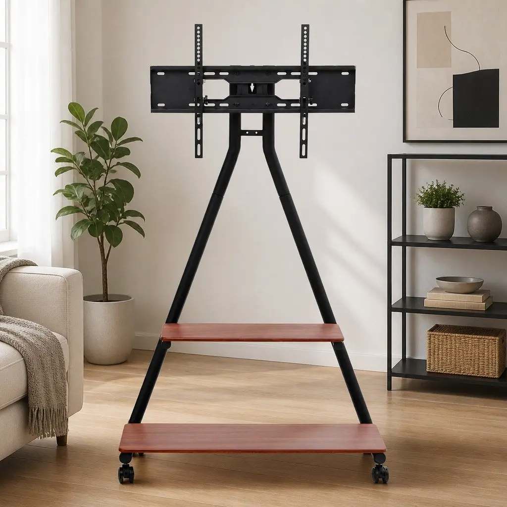 Mobile TV Stand Black 32-75 inch Heavy Duty Steel Frame with Dual-Shelf Storage and Smooth Rolling Caster Wheels